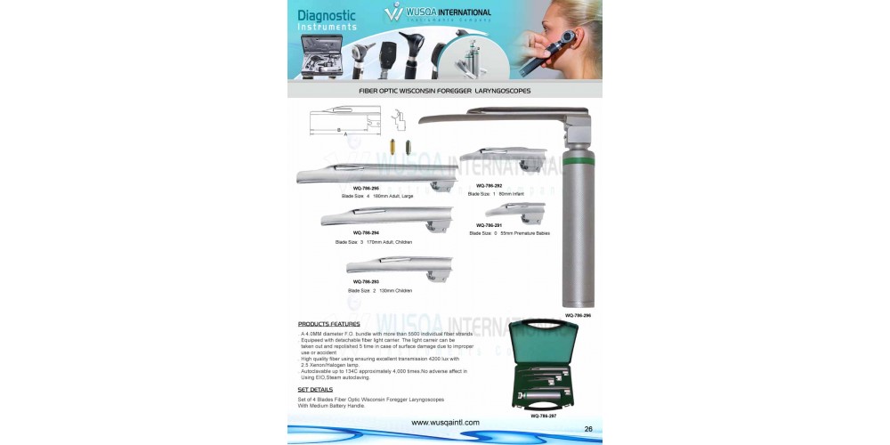 Fiber Optic Wisconsin Foregger Blades Laryngoscopes.